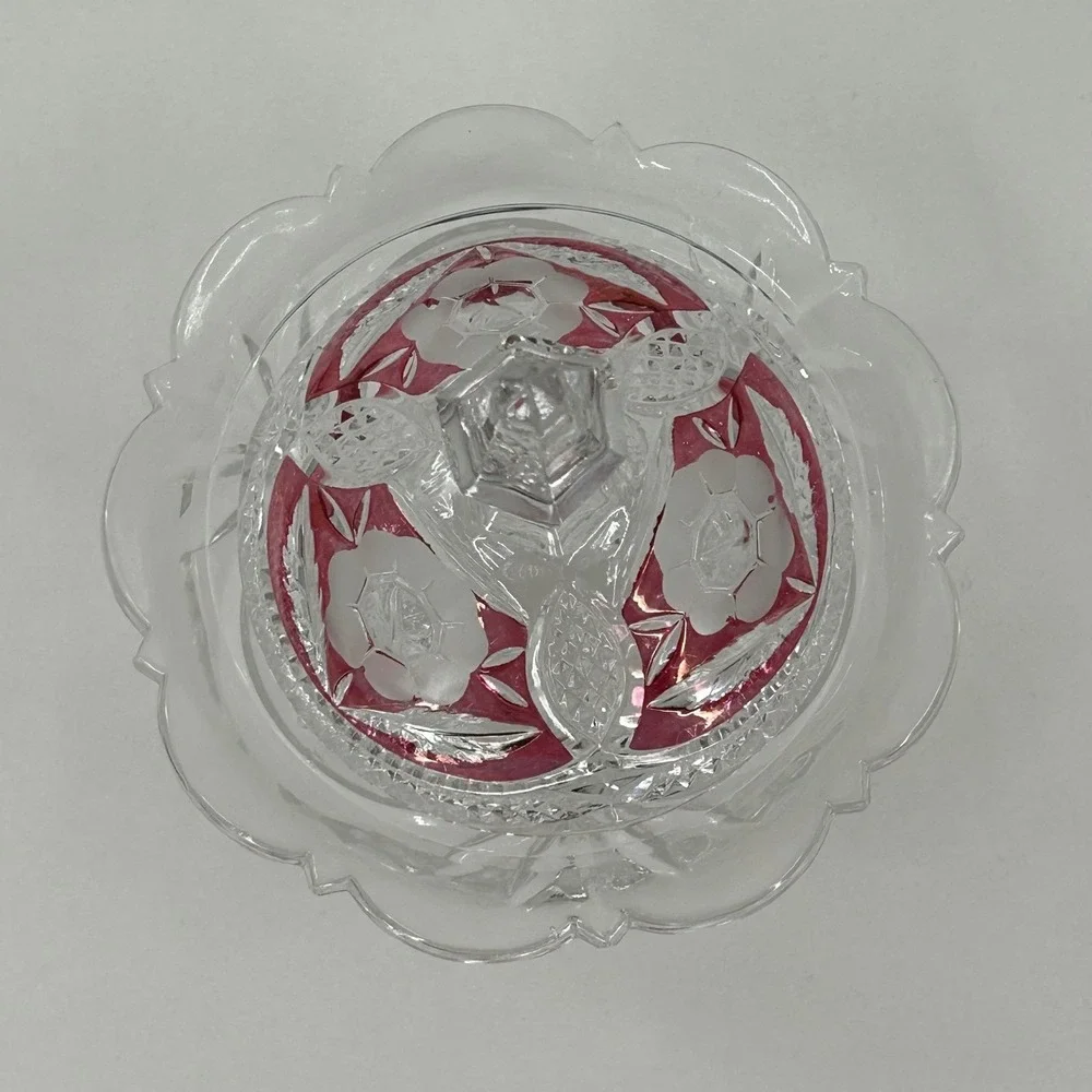 Vintage Footed Glass Candy Dish with Cranberry Flash Rose Lid Clear Pressed Bowl